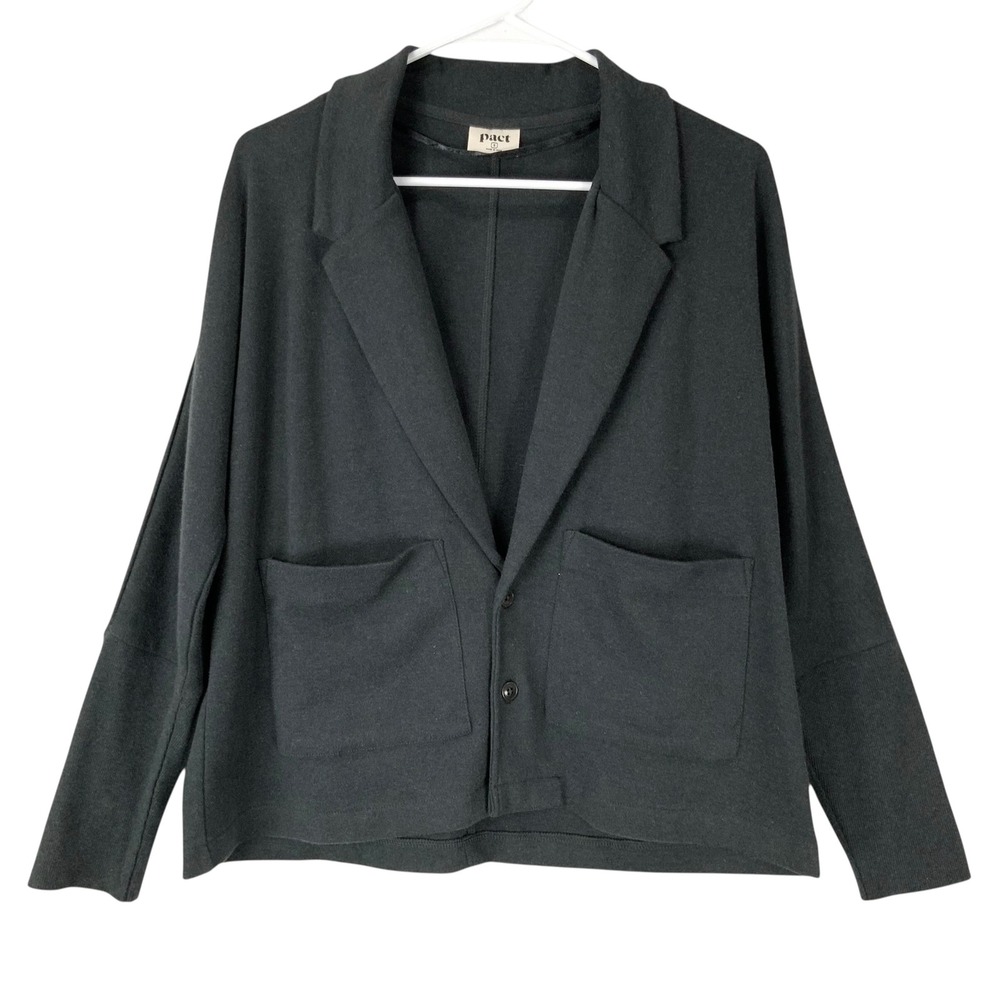 Pact Gray Organic Cotton Knit Blazer S Button Front Notched Lapel Long Sleeve